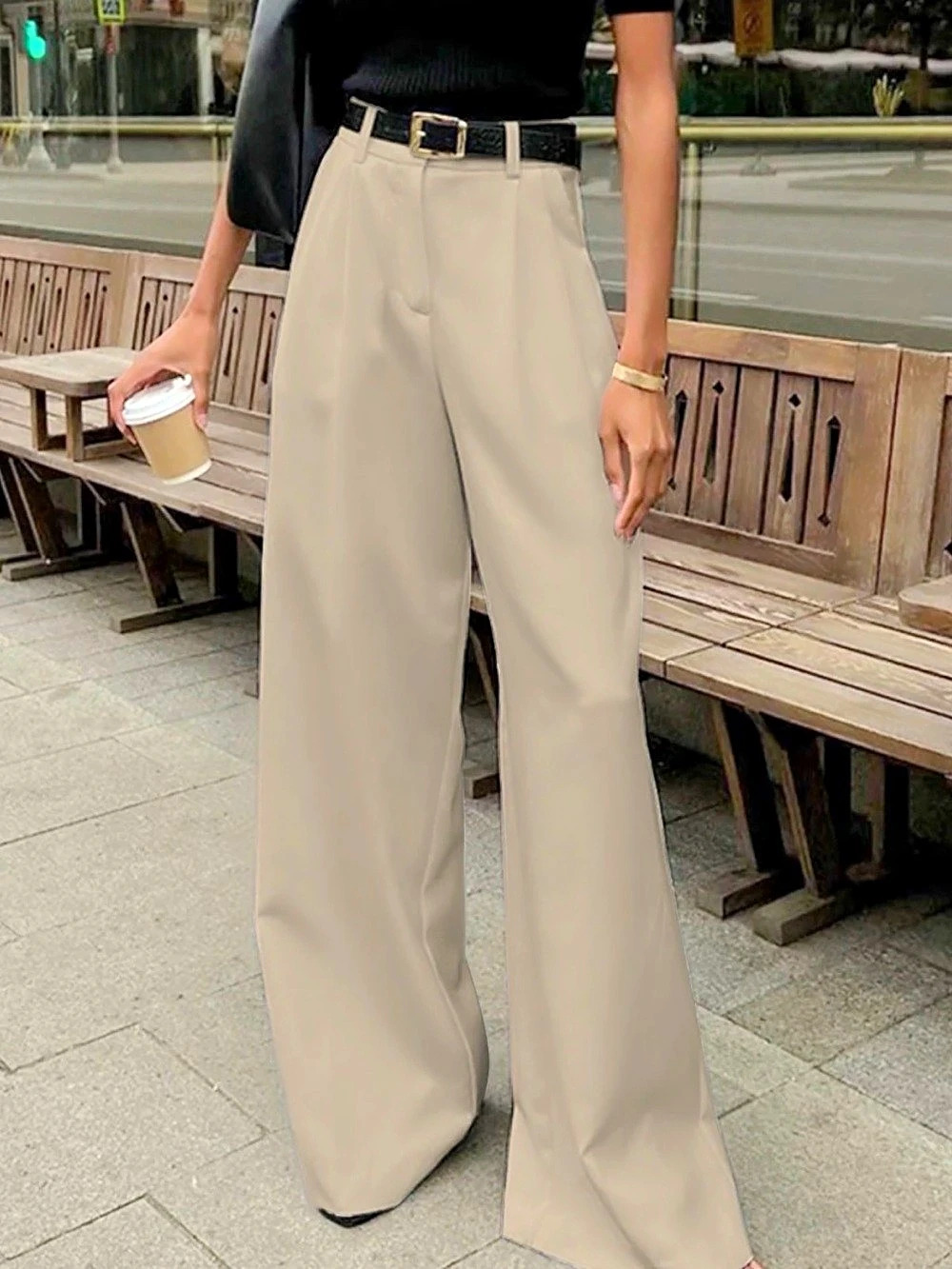 Solid Wide Leg Pants Without Belt